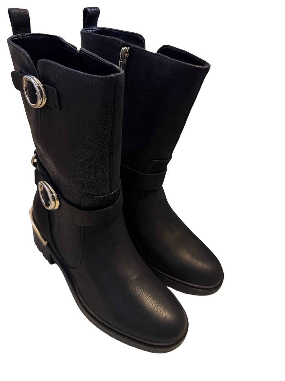 Vince Camuto Black Mid-Calf Buckle Moto Boots